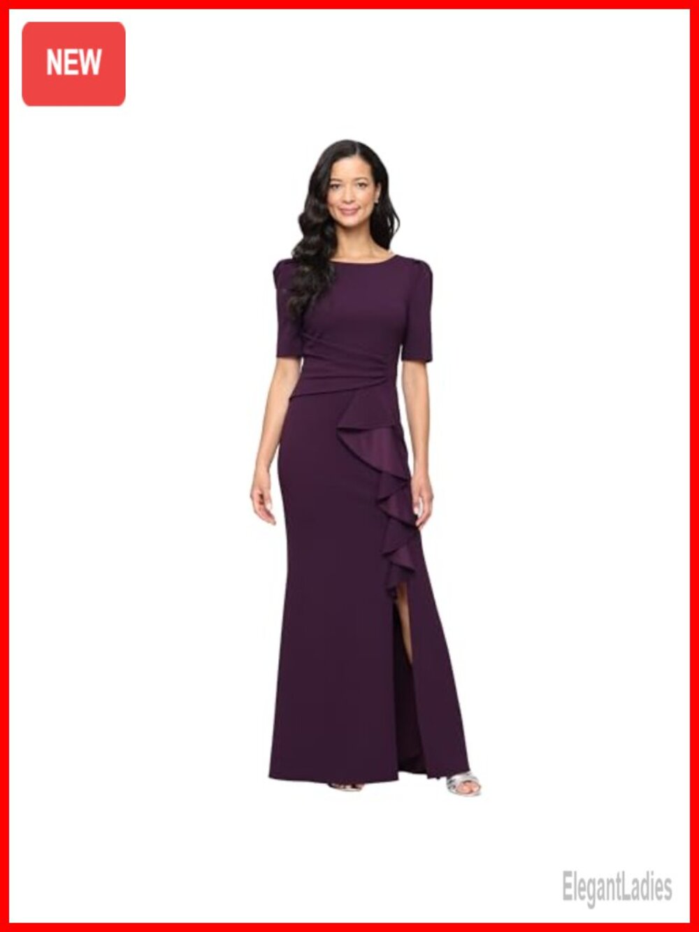 Stretch Crepe Dress Puff Sleeve Cascade Ruffle Formal Evening